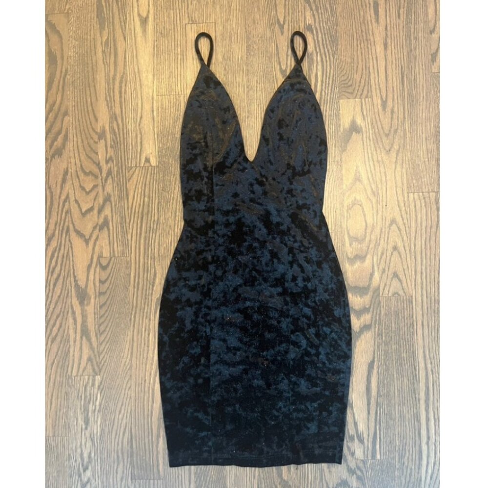 GLARE Black Velvet Sparkly Plunge Mini Dress - Size Small/Extra Small